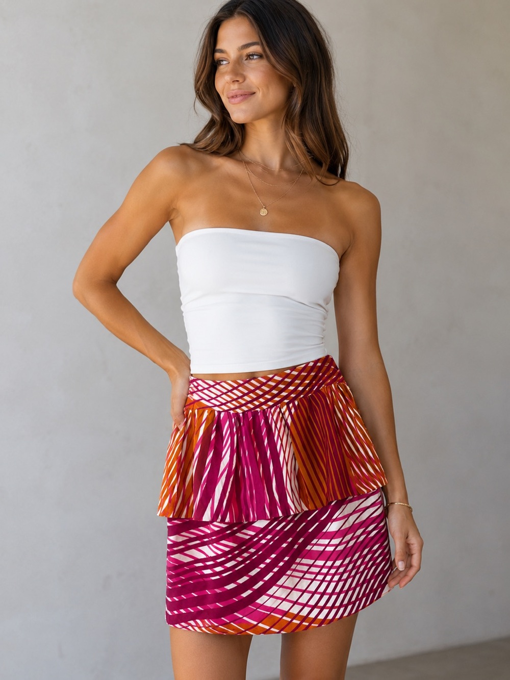 W118 by Walter Baker Burgundy & Brown Peplum Tiered Patterned Mini Skirt Small